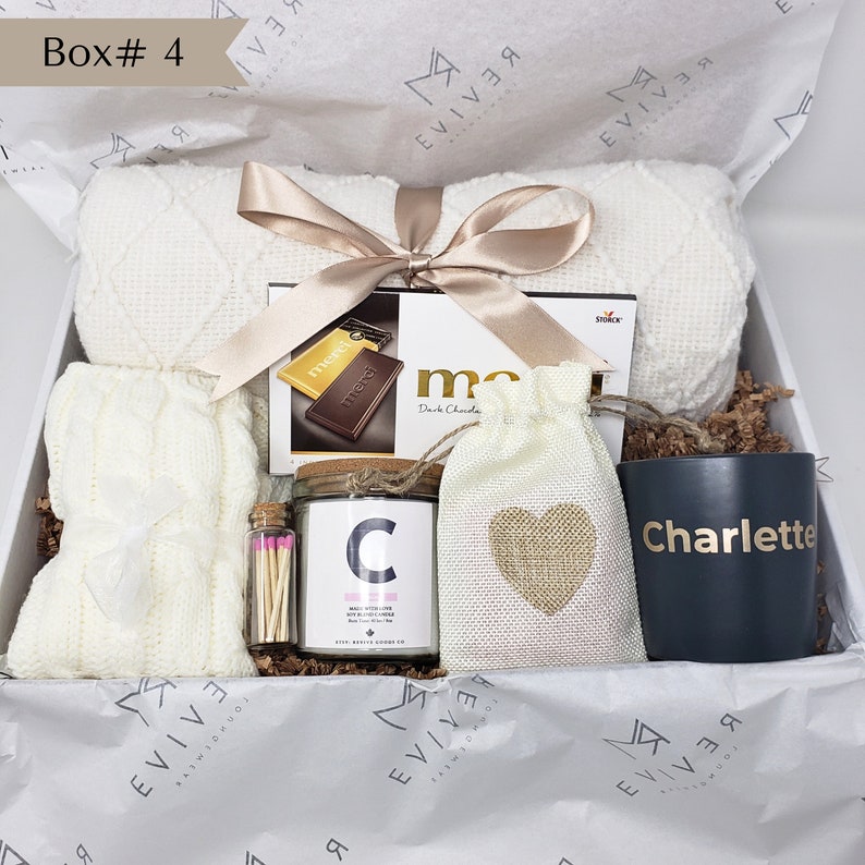 Hygge Gift Box with Blanket Care Package For Her Birthday Gift Personalized Candle Pampering Gift Box Custom Name Mug Cozy Wellness Gift Her Gift Box 4