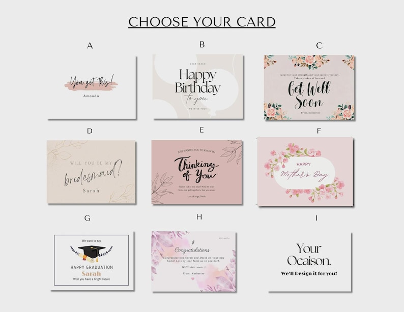 May include: A selection of greeting cards with various messages and designs. The cards include phrases like "You got this!", "Happy Birthday", "Get Well Soon", "Will you be my bridesmaid?", "Thinking of You", "Happy Mother's Day", "Happy Graduation", and "Congratulations".