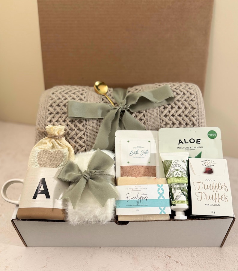 Personalized Sympathy Gift Box Complete Comfort Bundle Custom Memorial Present Large Cozy Blanket Personalized Ceramic Mug Soft Comfort Socks Relaxing Herbal Tea Scented Candle Self Care Items Golden Spoon Custom Note Card Thoughtful
