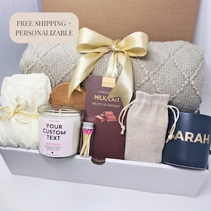 Hygge Gift Box with Blanket Care Package For Her Birthday Gift Personalized Candle Pampering Gift Box Custom Name Mug Cozy Wellness Gift Her