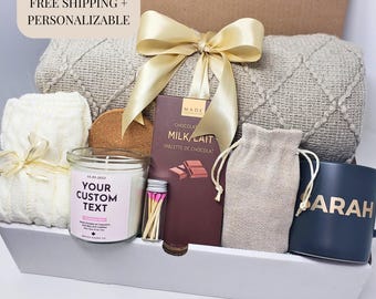 Hygge Gift Box with Blanket Care Package For Her Birthday Gift Personalized Candle Pampering Gift Box Custom Name Mug Cozy Wellness Gift Her