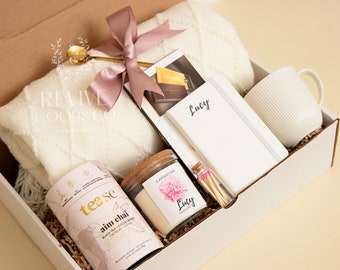 Personlig presentask för födelsedagsblomma till henne, varm och mysig vårdpaket med filt, tackpresent, mentor, kollega, present till henne