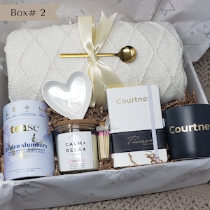 Hygge Gift Box with Blanket Care Package For Her Birthday Gift Personalized Candle Pampering Gift Box Custom Name Mug Cozy Wellness Gift Her image 2