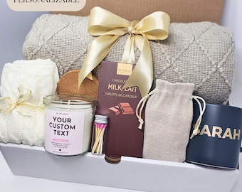 Hygge Gift Box with Blanket Care Package For Her Birthday Gift Personalized Candle Pampering Gift Box Custom Name Mug Cozy Wellness Gift Her