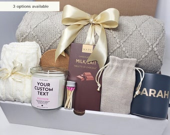 Hygge Gift Box with Blanket Care Package For Her Birthday Gift Personalized Candle Pampering Gift Box Custom Name Mug Cozy Wellness Gift Her