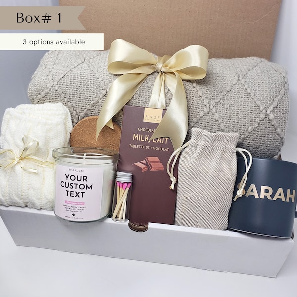 Hygge Gift Box with Blanket Care Package For Her Birthday Gift Personalized Candle Pampering Gift Box Custom Name Mug Cozy Wellness Gift Her