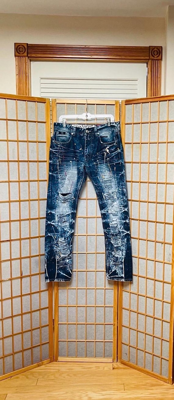 【MODERNIF】Coating Span Cutting Denim Pants Size 34x33 Semantic Design Japan Splatter Bleach Paint Jeans