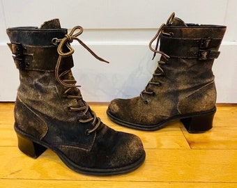 Vintage Grunge Brown Suede Hippie / Boho Victorian Style Lace Up Intentionally Distressed Two Tone Brown Leather Granny Boots Penny Lane