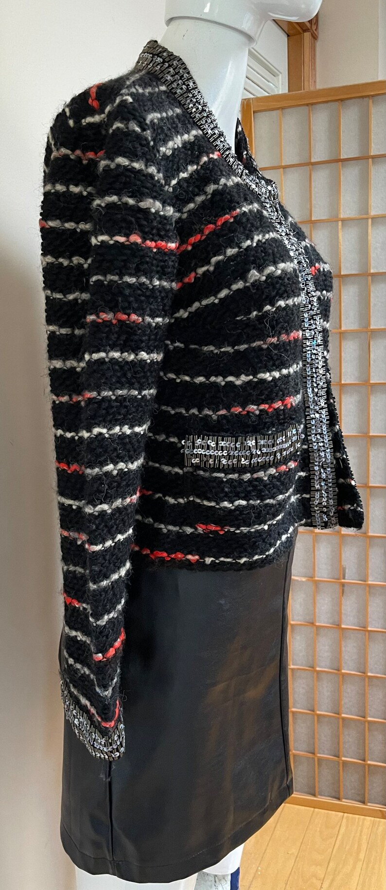 Alpacka, ull och akryl Tracy Reese för Anthropologie NWT Ny med etiketter Svart boucléstickad kavaj Glittriga paljetter Kavaj i Coco Chanel-stil bild 5
