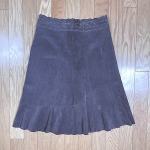 70s Dark Espresso Brown Suede Riding Skirt “Lace” Punched Decorative Waist Band Bias Bottom Panel Size 2 Boho Hippie Party Festival Bohemian