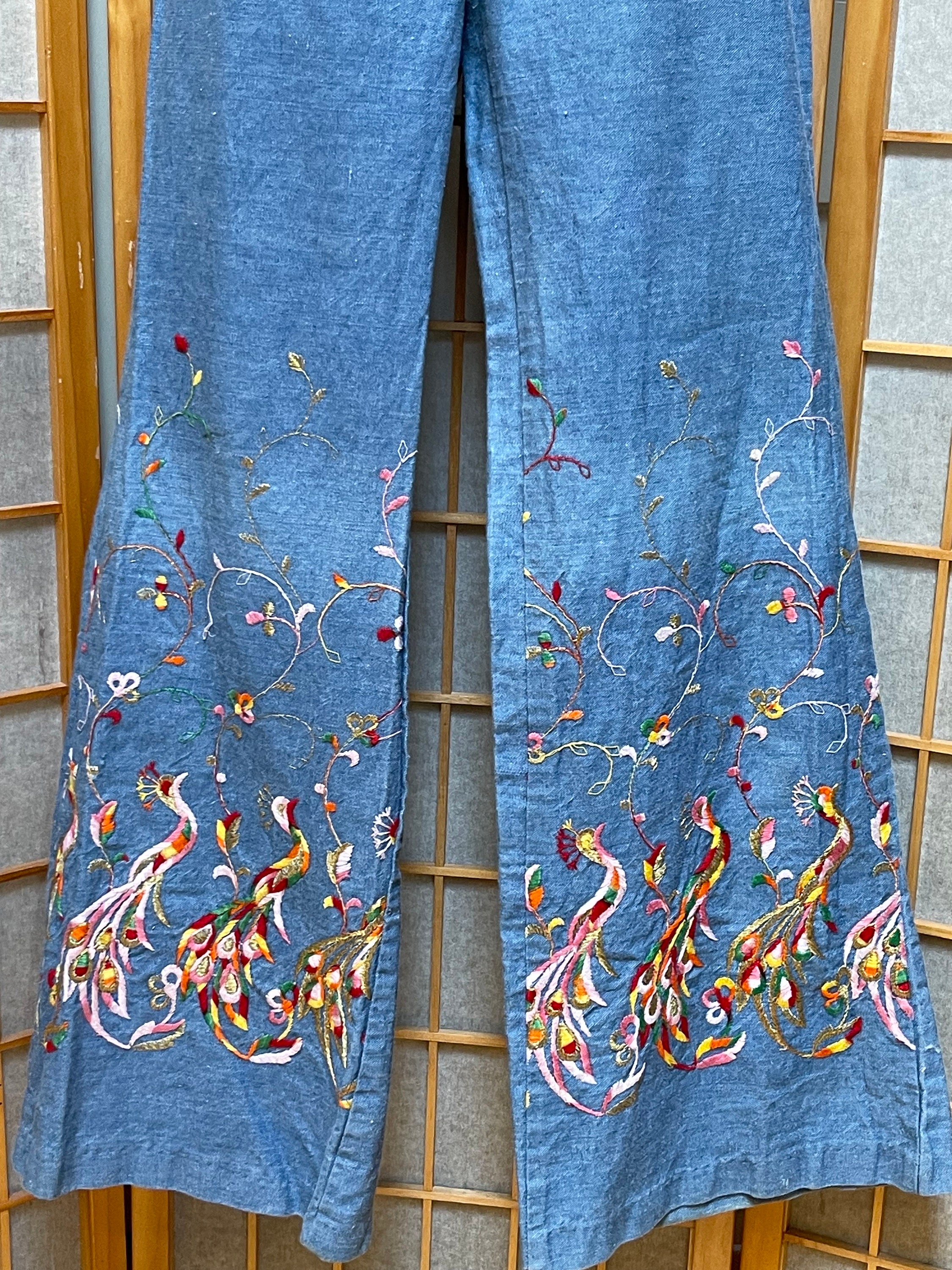 RARE 70s Peacock Birds Embroidered Light Wash Bootcut Denim Jeans
