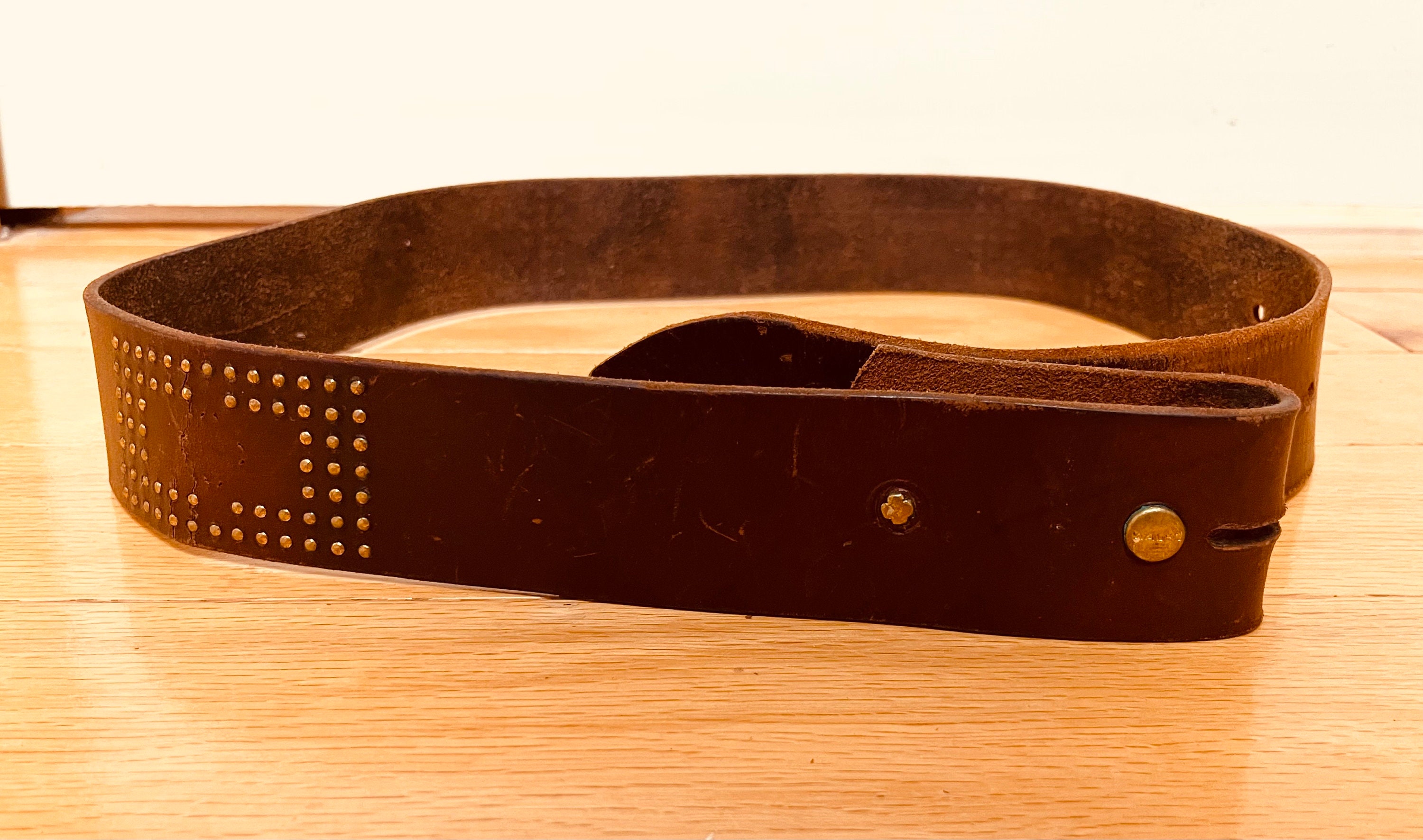Vintage 70s Dark Brown Leather Belt Embellished Brass 