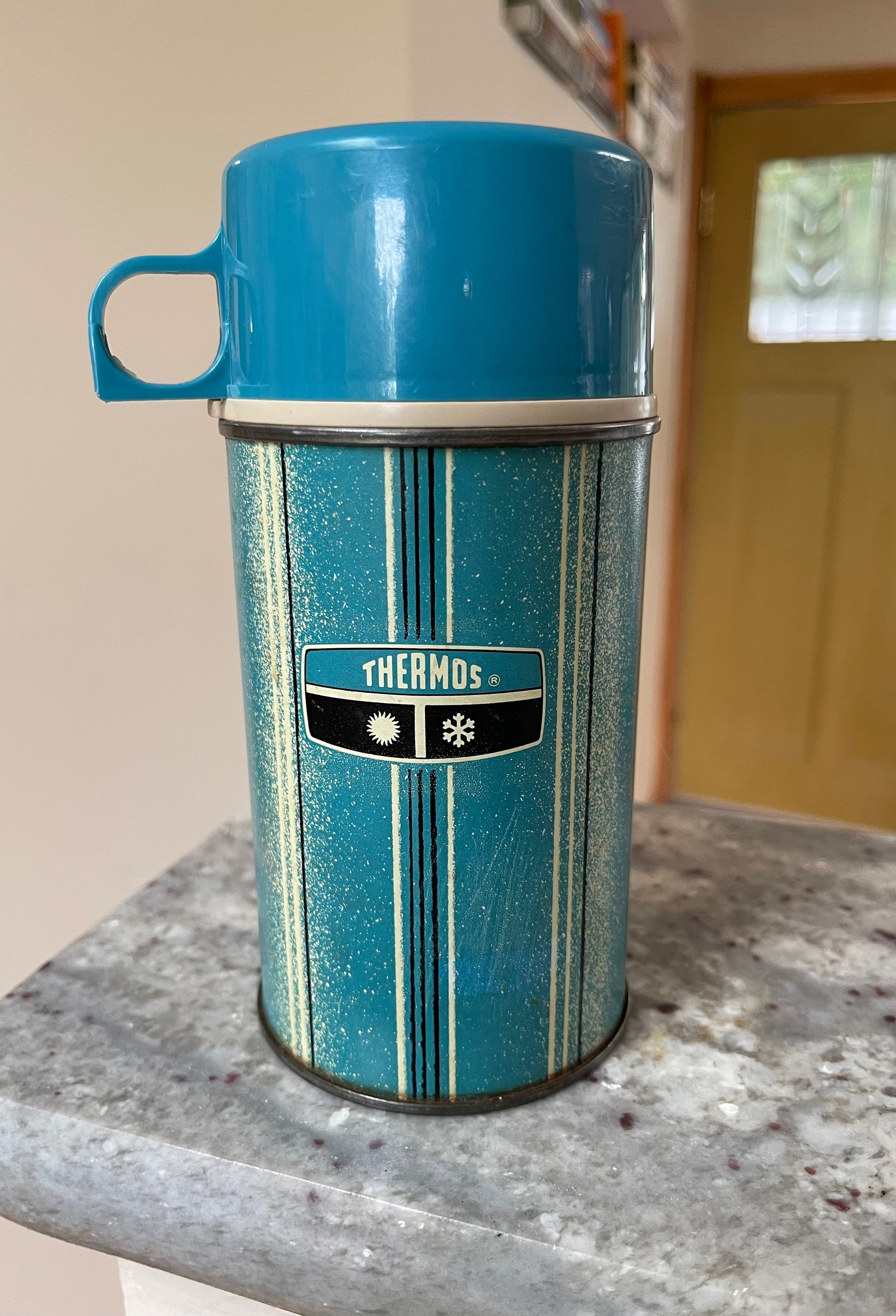 1960S Stainless Steel, Ribbed King Seeley Thermos, With Blue Lid