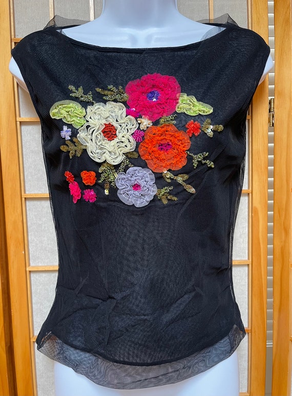 Gorgeous Netting Blouse Black With Front Floral E… - image 2