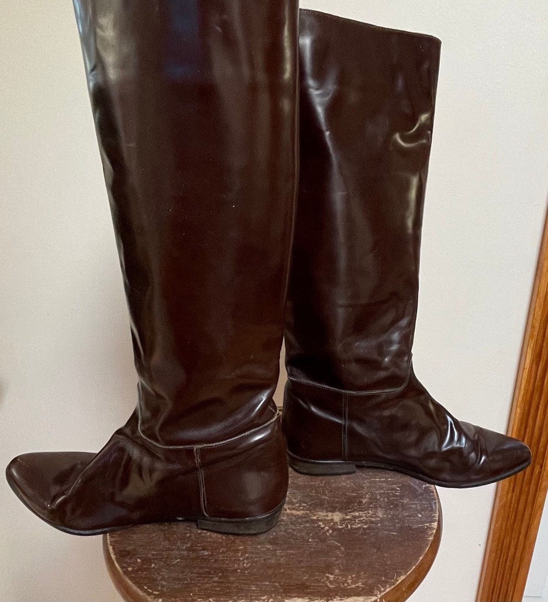 80s Italian Leather Chocolate Brown Patent Leather Riding Boots