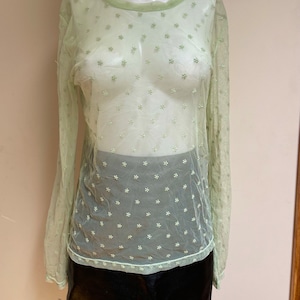 May include: A sheer, light green long-sleeved top with a delicate floral pattern. The top is made of a lightweight, mesh fabric and has a round neckline.