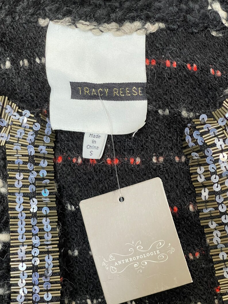 Alpacka, ull och akryl Tracy Reese för Anthropologie NWT Ny med etiketter Svart boucléstickad kavaj Glittriga paljetter Kavaj i Coco Chanel-stil bild 10