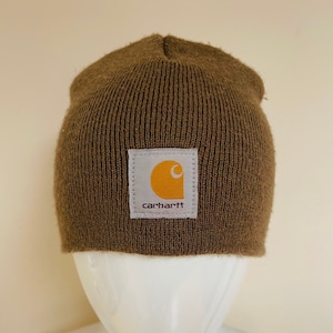 RARE 90s Carhartt Big Logo Knit Hat “Carhartt Brown” Color Large White Center Logo Made in the USA Streetwear GRAIL