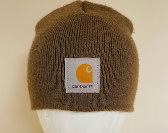 RARE 90s Carhartt Big Logo Knit Hat “Carhartt Brown” Color Large White Center Logo Made in the USA Streetwear GRAIL