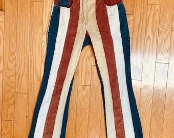 RARE 70s Striped Corduroy & Blue Denim Pants Vintage Boho Hippie Bellbottom Bootcut Trousers 28” x 31”