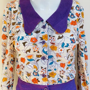 1960s Sweet Floral Button Up Super Soft Jersey Cotton Shirt Big Purple Collar w/Matching Purple Cuffs & Waistband
