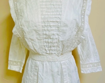 Edwardian Ladies Tea Dress / Lawn Dress White Cotton Ankle Length Lace Trim & Tucks