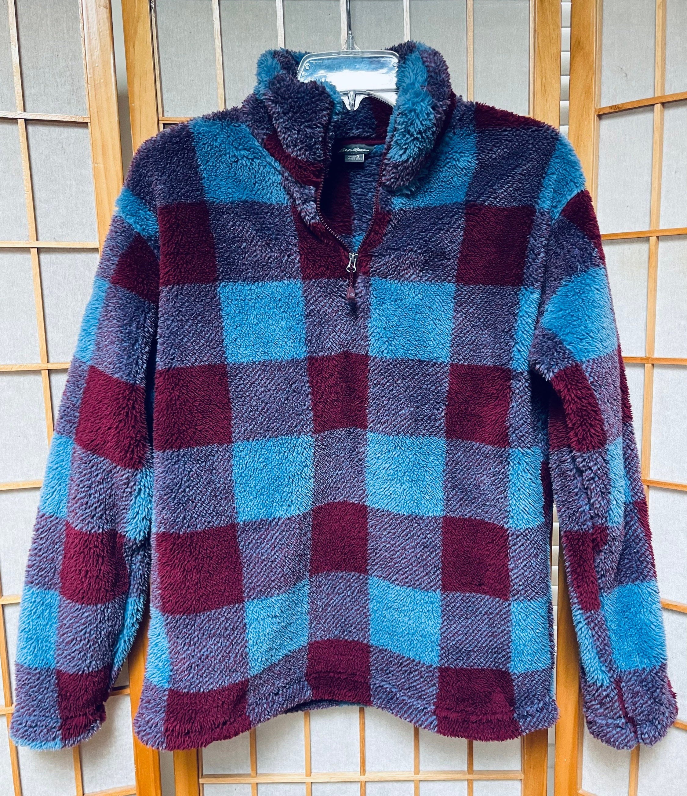 Y2K Eddie Bauer Pullover Beautiful Burgundy Blue Plaid Fuzzy Blanket Fleece Jacket Soft Warm Streetwear Athleisure Sportswear Etsy UK