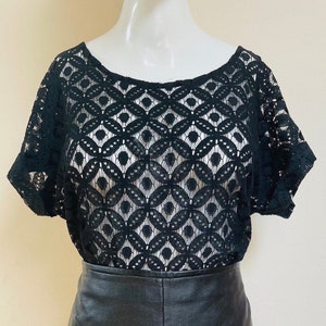 Beautiful Vintage Black Lace Blouse Intricate Geometric Lace Design Wide Scoop Neckline Short Sleeves Cottagecore Victorian Edwardian Style