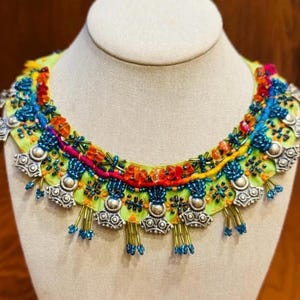 Beautiful Handmade Bib 90s Vintage OOAK Pink + Silver Necklace Bib Statement Necklace Beads & Gemstones