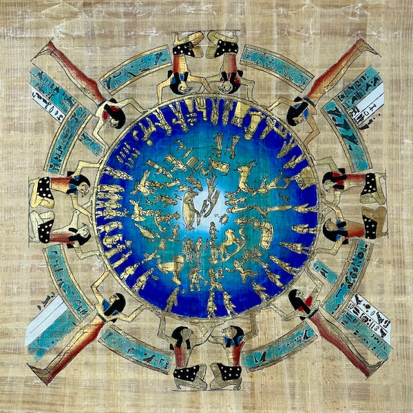 Vintage pintado a mano papiro egipcio Arte del Antiguo Egipto: Templo de Dendera Astrología Zodíaco / Oráculos femeninos / Pareja real // Conjunto de tres