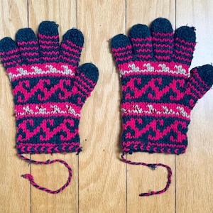 Handmade Nordic Gloves Vintage Pink Black White Scottish Scandinavian Fair Isle Fairisle Intarsia Cotton Knit Open Size