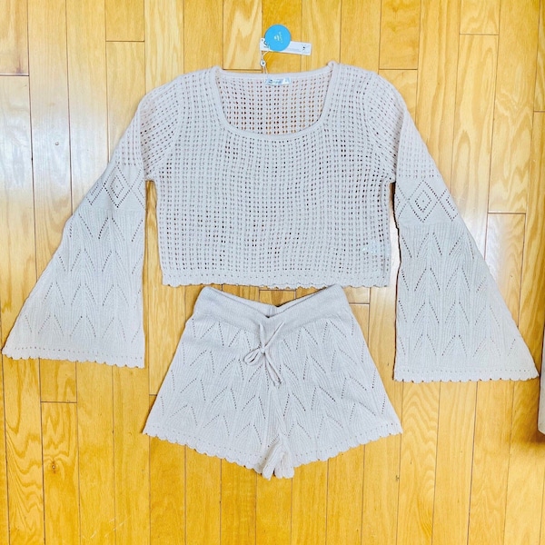 NWT Crochet Tap Pants Set Cream Micro Shorts & Long Sleeve Top Set Never Worn / New With Tags Boho Hippie Rave Party Loungewear Beach Size M