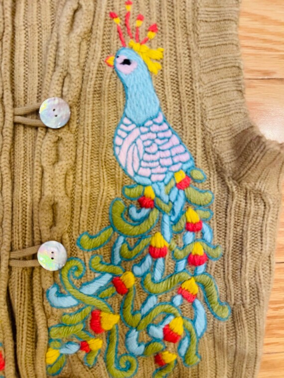 Colorful Peacock Hooded Beige Sweater Vest Yarnwork T… Gem