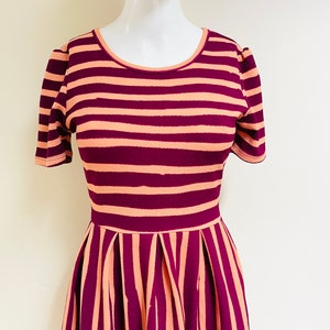 90s Cantelope & Berry Striped Dress Fit Bodice Pleated Flare Skirt Scoop Neckline Short Sleeves Hidden Skirt Pockets