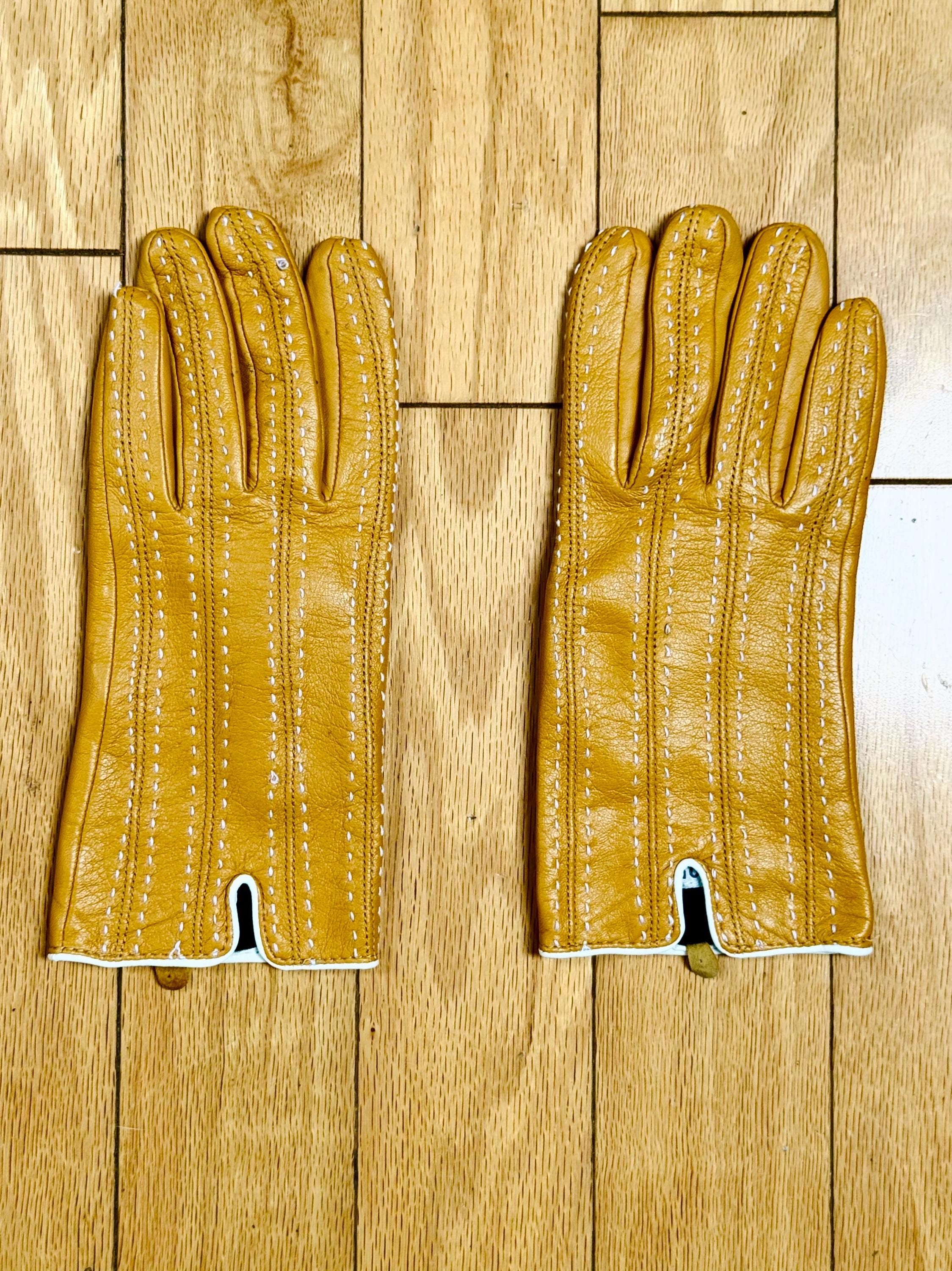 Vintage Leather Driving Gloves Cantelope Yellow White Contrast Stitching High End Luxury Accessory Deadstock Never Worn