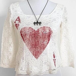 Unique Handmade Ace of Hearts White Floral Lace Blouse One Of A Kind Square Neckline Angel Sleeves Flowing Femme