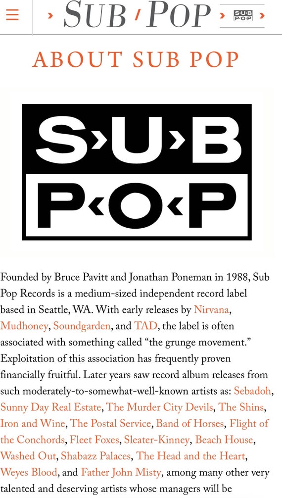 Vintage Early 1990s Sub Pop Records Logo Merch Tshirt Seattle ...
