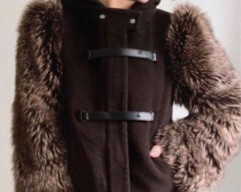 Faux Fur Cashmere Wool New W/ Tags Leifsdottir  Harlow Hooded Coat Leather Buckles Super Warm Deep Pockets Flattering Hemline