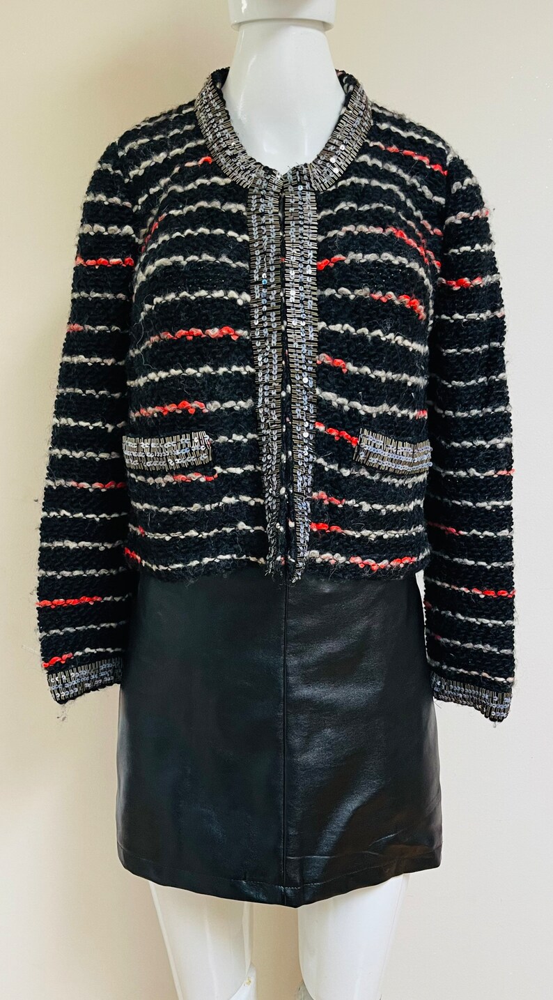 Alpacka, ull och akryl Tracy Reese för Anthropologie NWT Ny med etiketter Svart boucléstickad kavaj Glittriga paljetter Kavaj i Coco Chanel-stil bild 3