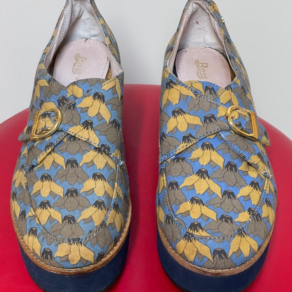 G.H. Bass & Co. Loves Rachel Antonoff Fleur Floral Blue Yellow Grey Platform Loafers Gender Neutral Unisex Adult U.S. Women’s Size 8