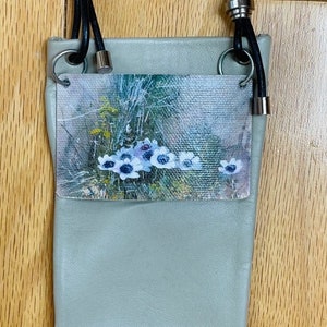 Small Floral Crossbody Bag Neutral Grey Tone Unique Floral Metal Plaque Two Pockets Travel Party Club Festival