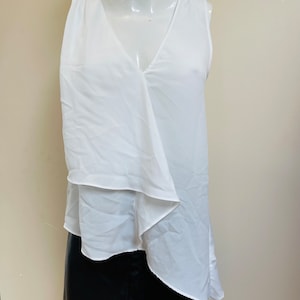 White Asymmetrical Blouse Draped Sleeveless Tunic Layered Wrap Look Floaty Chiffon Semi-Sheer Minimalist Workwear & Weekend Wear