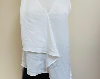 White Asymmetrical Blouse Draped Sleeveless Tunic Layered Wrap Look Floaty Chiffon Semi-Sheer Minimalist Workwear & Weekend Wear