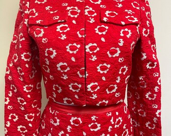 1960s Rare STANLEY KORSHAK Red Floral Brocade Tapestry Skirt Suit Bespoke? Faux Jacket + Skirt Pockets Front Skirt Pleat Excellent Condition