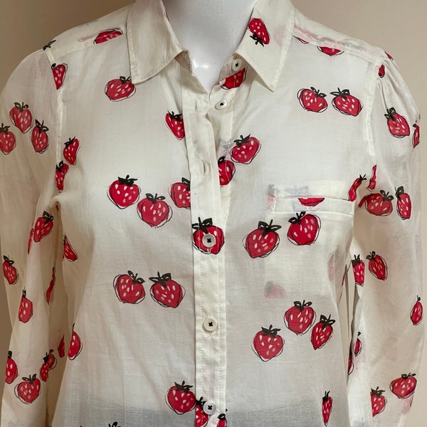 Strawberries & Cream New With Tag Collared Button Oxford Placket Shirt Real Front Pocket Pleated Cuffs Puff Shoulders Anthropologie Brand