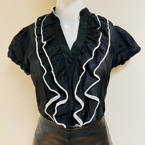 Antique Style Silk & Cotton Ruffle Blouse Semi-Sheer Black With White Ribbon Finish Ruffle + Collar Pleated Bodice Puff Cap Sleeves