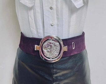 Vintage Suede Leather Waist Belt W/ Gold Lion Medallion  display picture 1