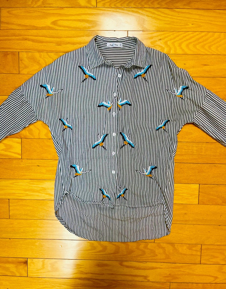 Y2K Striped Shirt Embroidered Cranes Blue & White Stripes Base