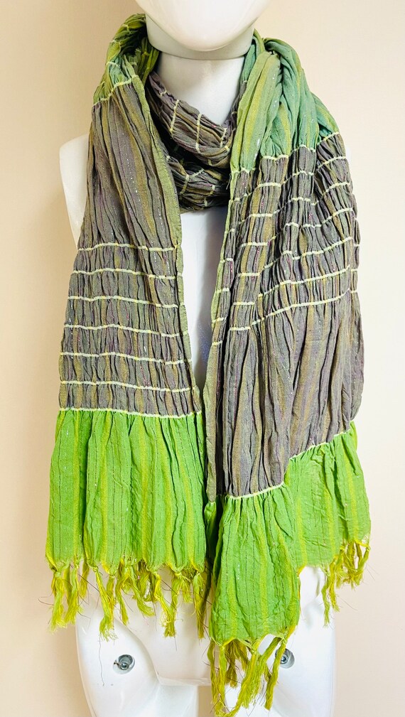 Celery Green Sparkly Metallic Thread Fringed Cott… - image 2