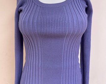 90s Stretchy Grape Purple Pullover Sweater Textured Knit Fabric Scoop Neck Midweight